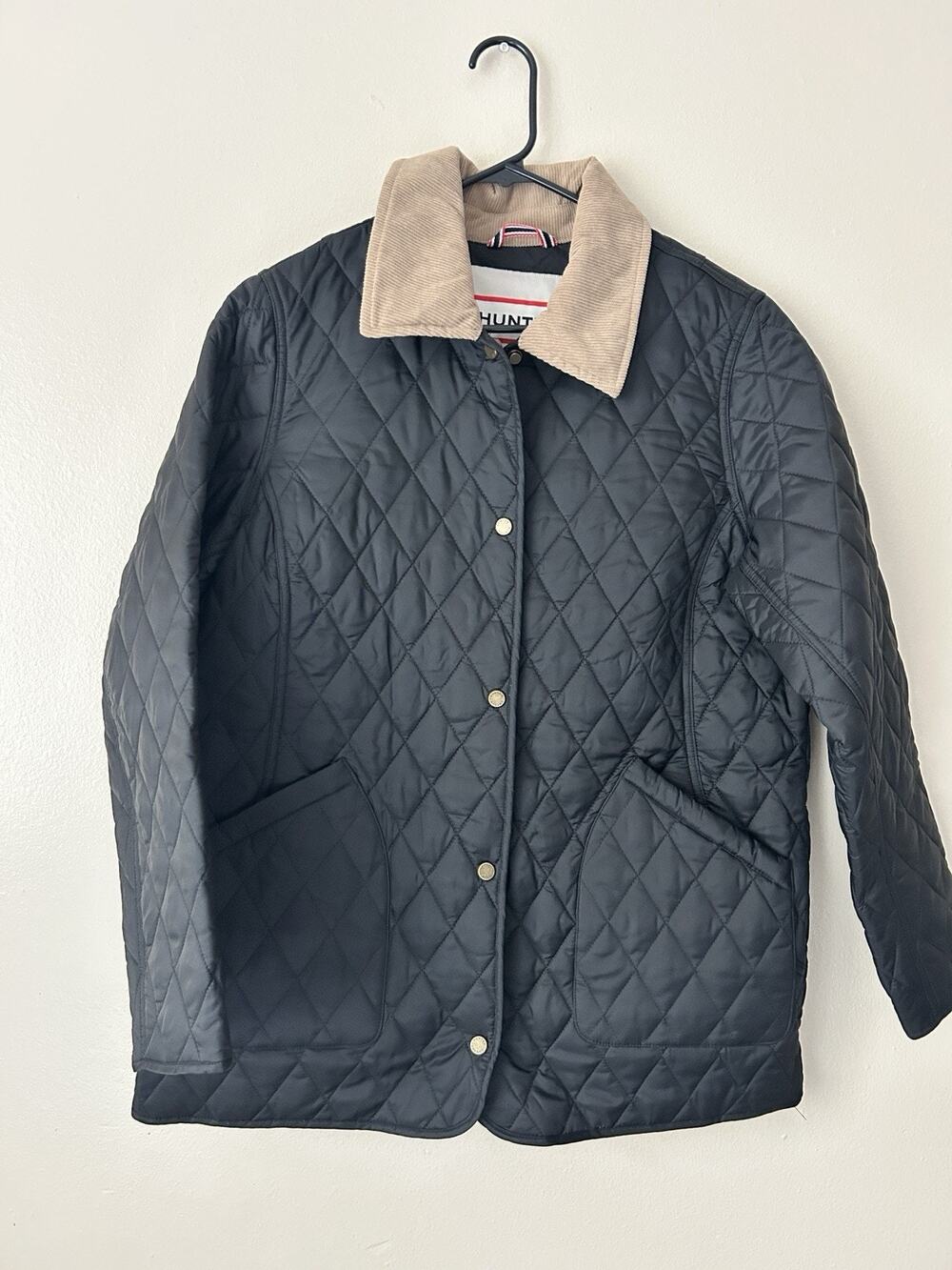 NWT Hunter Women Rachel Quilted Jacket Black Tan Corduroy Collar Large L